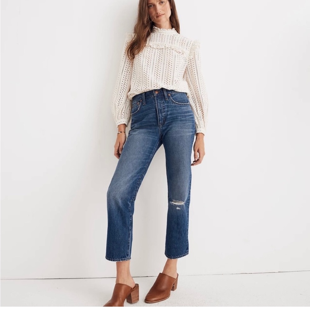 Madewell Classic Straight jeans jade wash knee rip edition size 29
